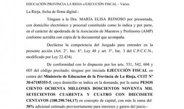 El Juzgado Federal de La Rioja avanza en la ejecución fiscal contra el Ministerio de Educación por deuda con docentes de AMP