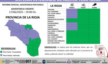 Alerta amarilla por lluvias, vientos y niebla en varios departamentos de la provincia