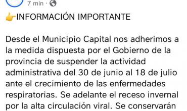 El Municipio Capital suspende la actividad administrativa hasta el 18 de julio