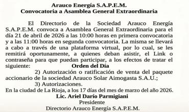 Arauco Energía convoca a Asamblea Extraordinaria para aprobar la venta de Arauco Solar Aimogasta