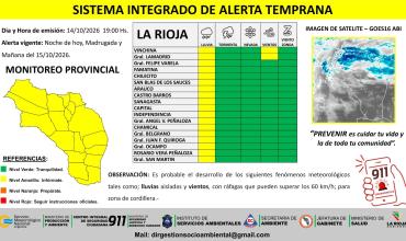 Emiten alerta por lluvias aisladas en toda La Rioja y por vientos de más de 60 km/h en Vinchina y Lamadrid