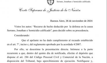 La Corte Suprema rechaza recurso en la causa por homicidio calificado de Jonathan Serrano