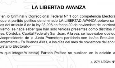 La Libertad Avanza obtiene personería jurídica como partido político nacional