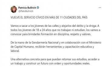 Patricia Bullrich anunció el regreso del Servicio Cívico para jóvenes de 18 a 24 años que no trabajan ni estudian