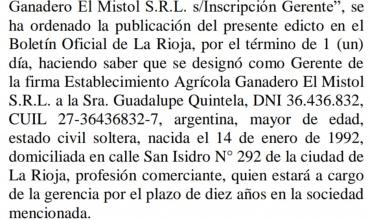 Designaron a Guadalupe Quintela, hija del gobernador, como Gerente de la empresa El Mistol SRL