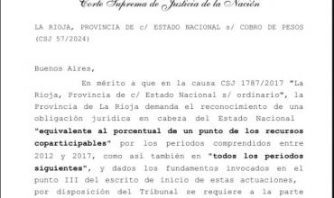 La Corte Suprema de Justicia de la Nación solicita aclaraciones a la Provincia de La Rioja en demanda contra el Estado Nacional