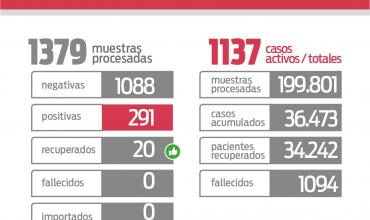 Informe COVID-19 La Rioja: 291 nuevos casos y 1137 activos