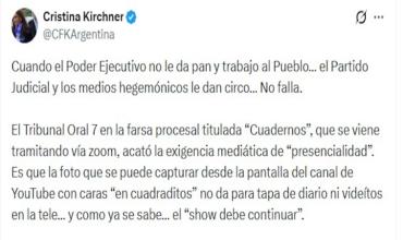 A horas de presentarse a declarar en la Causa Cuadernos, CFK criticó a la Justicia: “El show debe continuar”