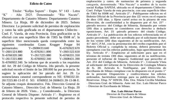 La Rioja : El estado otorga permisos de exploración minera por más de 7.300 hectáreas en Chilecito y Felipe Varela