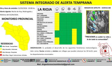 Alerta amarilla por lluvias aisladas y vientos para la provincia