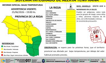 Difunden alerta amarilla por bajas temperaturas y vientos