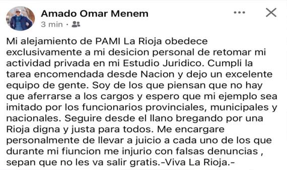 “No hay que aferrarse a los cargos”: la frase de Amado Menem tras su alejamiento de PAMI La Rioja