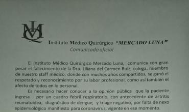 El Instituto Mercado Luna emitió un comunicado oficial sobre la paciente con covid-19 que falleció